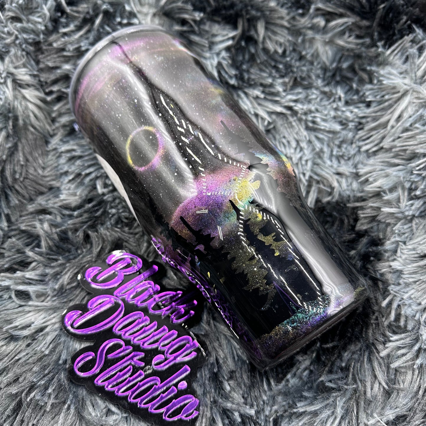 RTS 32oz Tumbler Northern Lights Full Moon Howling Wolf Treeline | Glow in the Dark