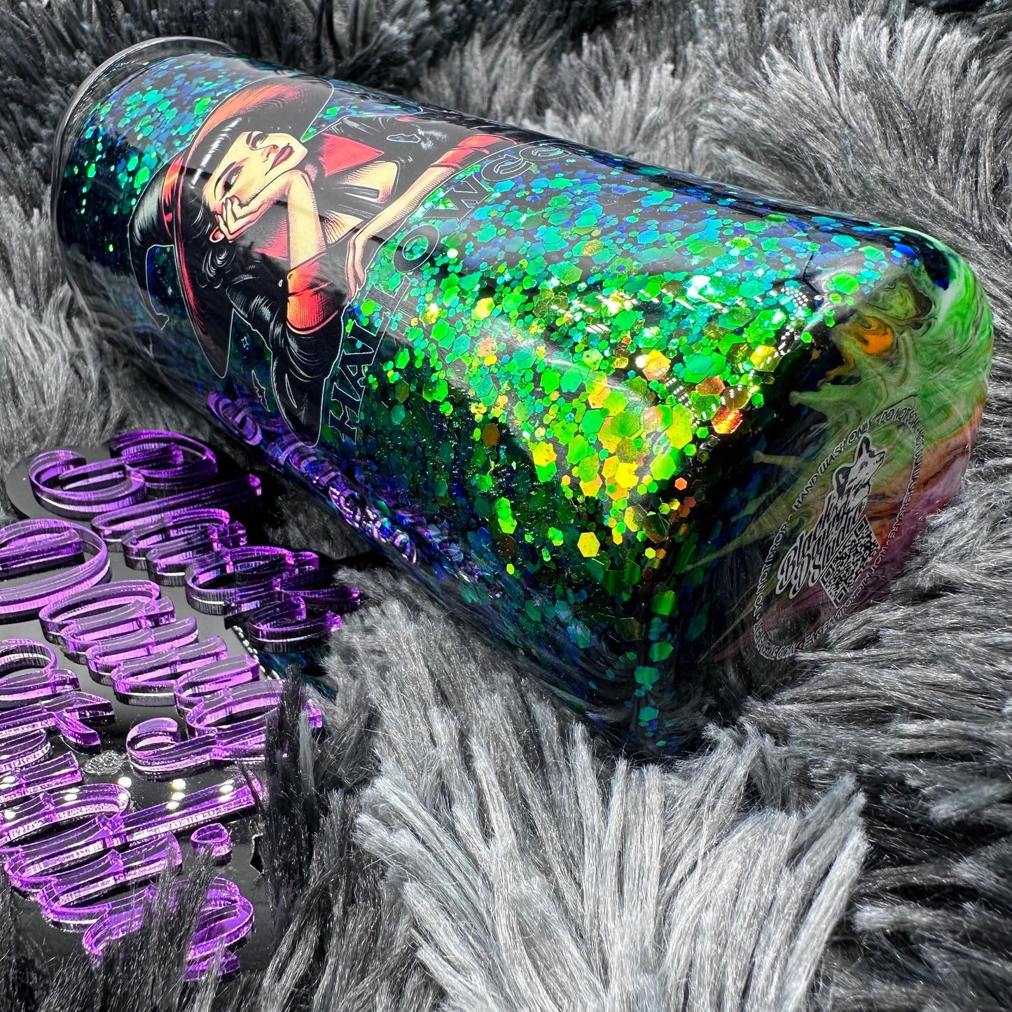 RTS 15oz Skinny Straight Tumbler | Chunky Color Shifting Glitter | Glow in the Dark Twisted Bougie Stinger | Just Waiting for Halloween decal