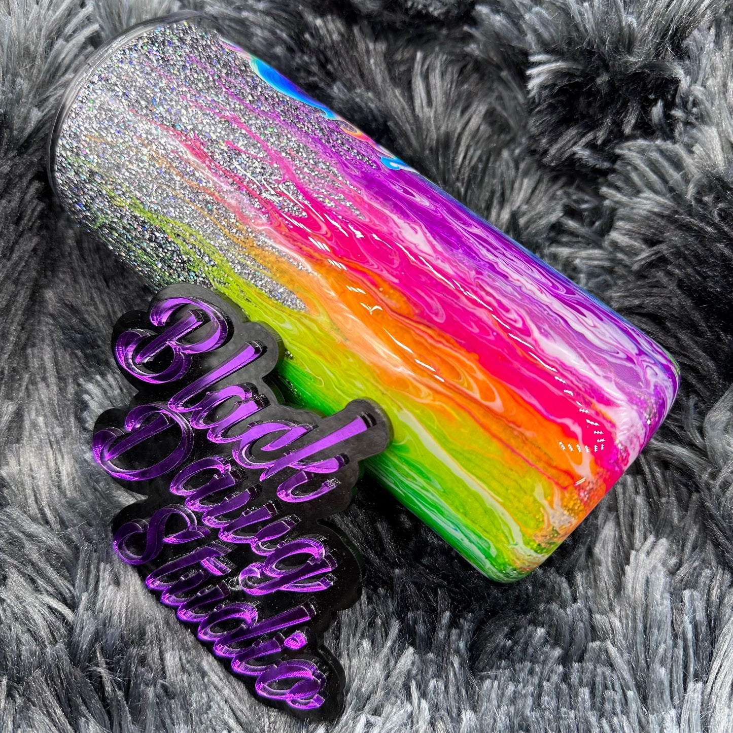 RTS 15oz Skinny Straight Tumbler Glitter Neon Flame Pull | Glow in the Dark | Sassy Unicorn decal