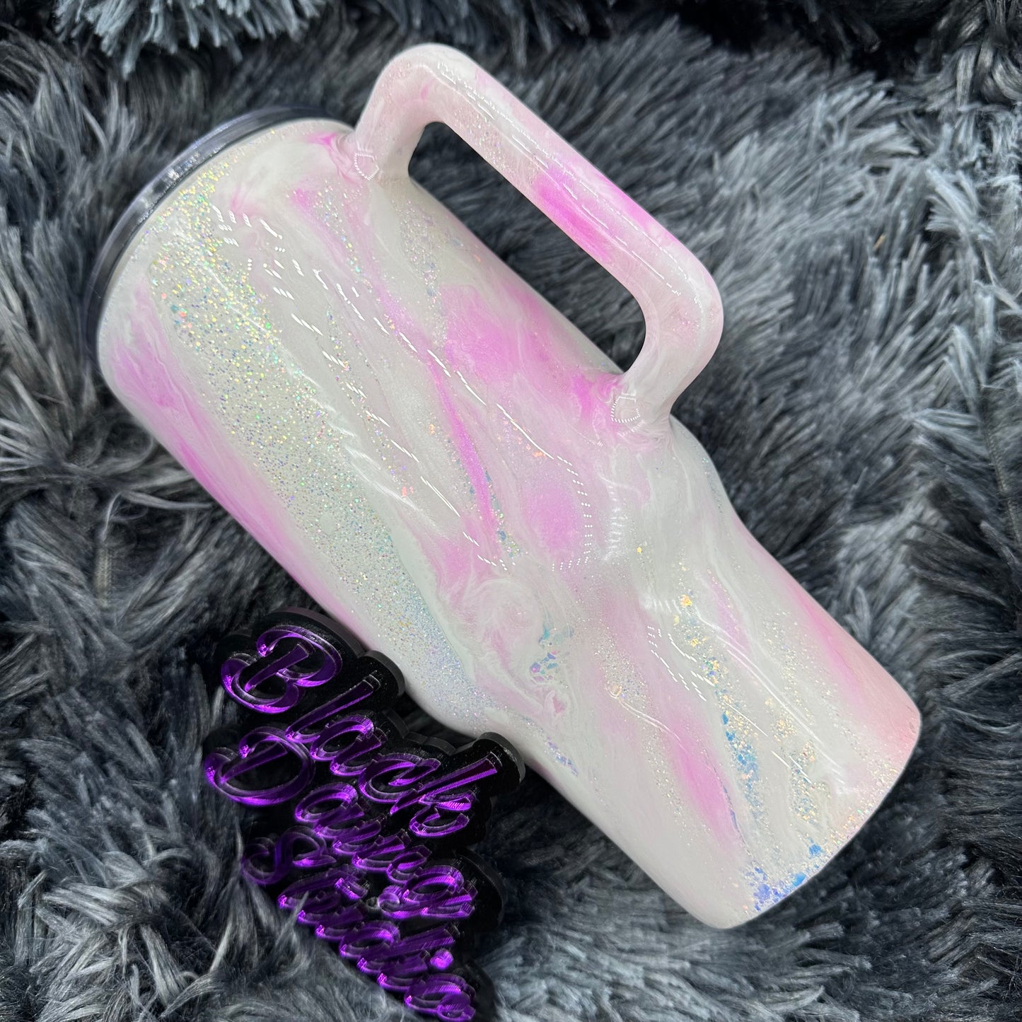 RTS 32oz Handled Tumbler | White and Pink Milkyway | Glow in the Dark | Broke and Bougie decal