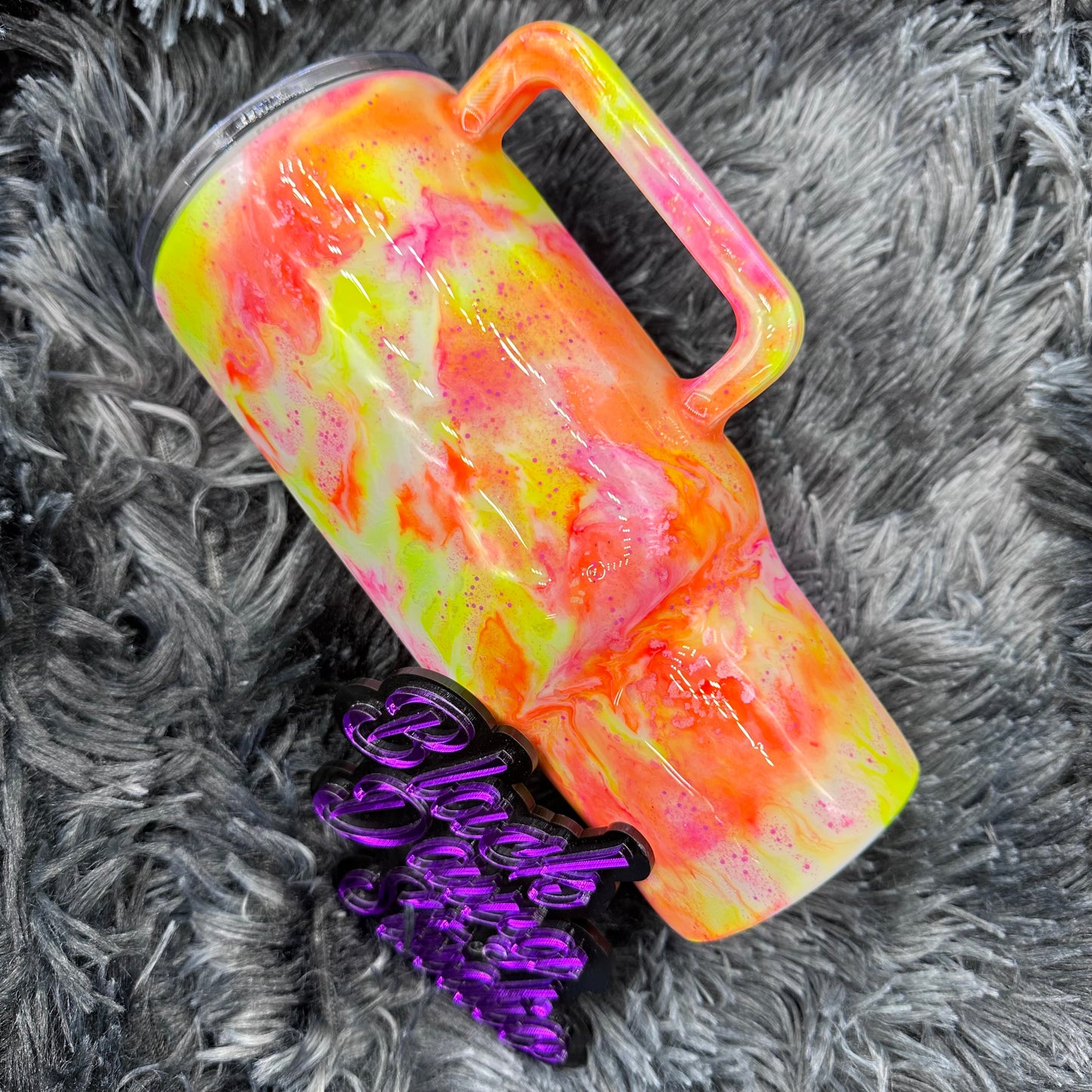 RTS 32oz Handled Tumbler | Neon Pink Orange and Yellow | I Can’t Talk Right Now I’m Doing Dog Mom Shit decal