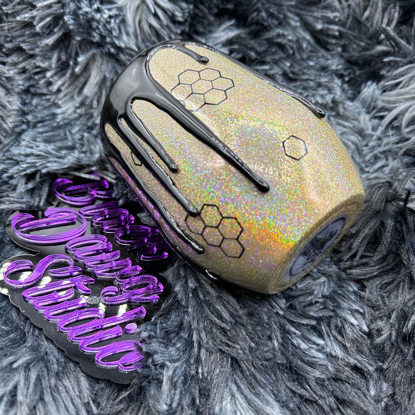 RTS 12oz Wine Tumbler Gold Holographic Glitter | Honeycomb Honey Bee Floral Moon decal | 3D Drip