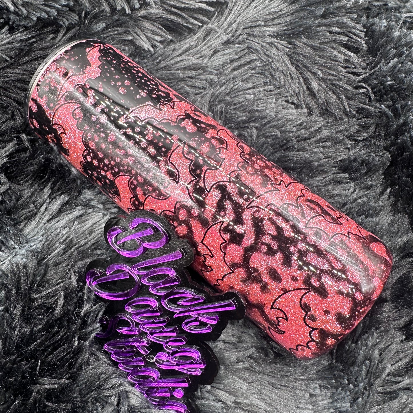 RTS 20oz Skinny Straight Tumbler Pink Glitter | Black Power Wash | Bats Peekaboo | Bat Shit Crazy decal