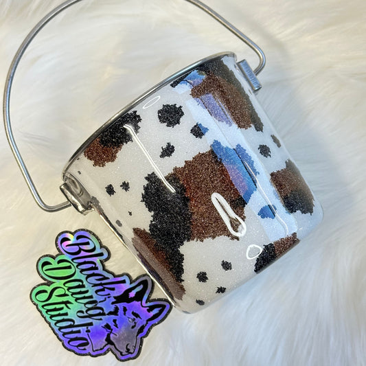 1qt Water Bucket Pail Dog Tumbler - Glitter Cowhide Cow Print - Epoxy Tumbler for Dogs