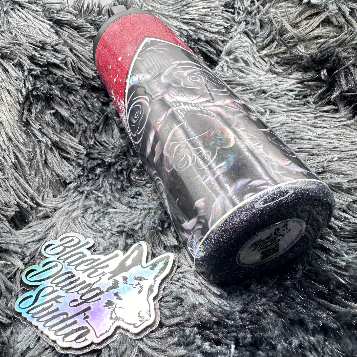 RTS 20oz Skinny Straight Duo Tumbler Holographic Black Roses with Red to Black Ombré and Silver Holographic Glitter Burst