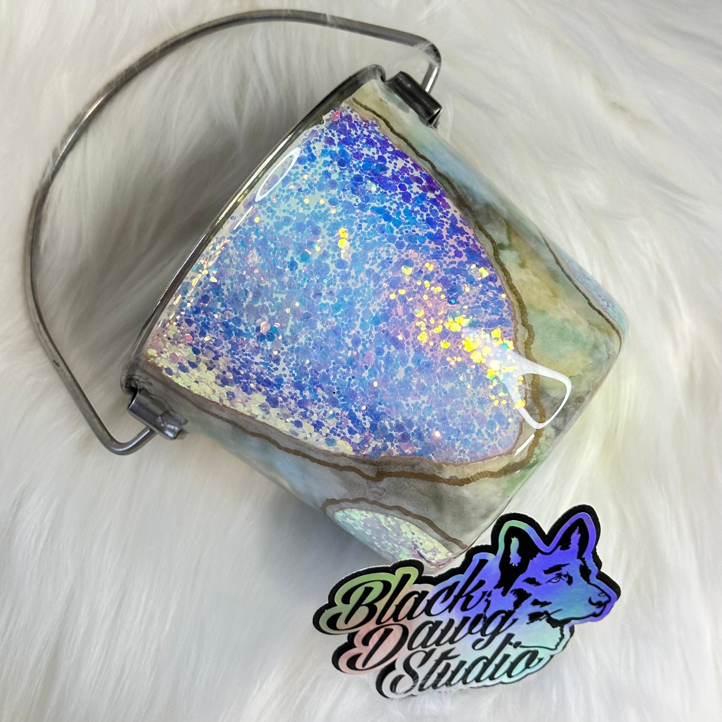 1qt Water Bucket Pail Dog Tumbler - Glitter Opal Geode - Epoxy Tumbler for Dogs