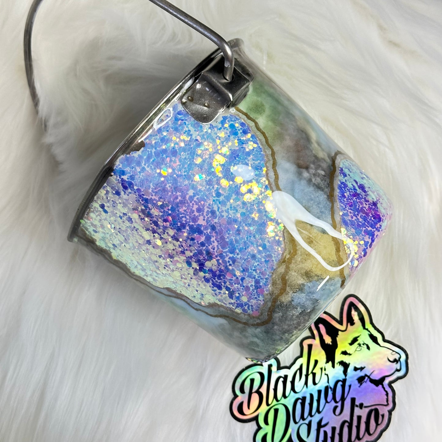 1qt Water Bucket Pail Dog Tumbler - Glitter Opal Geode - Epoxy Tumbler for Dogs