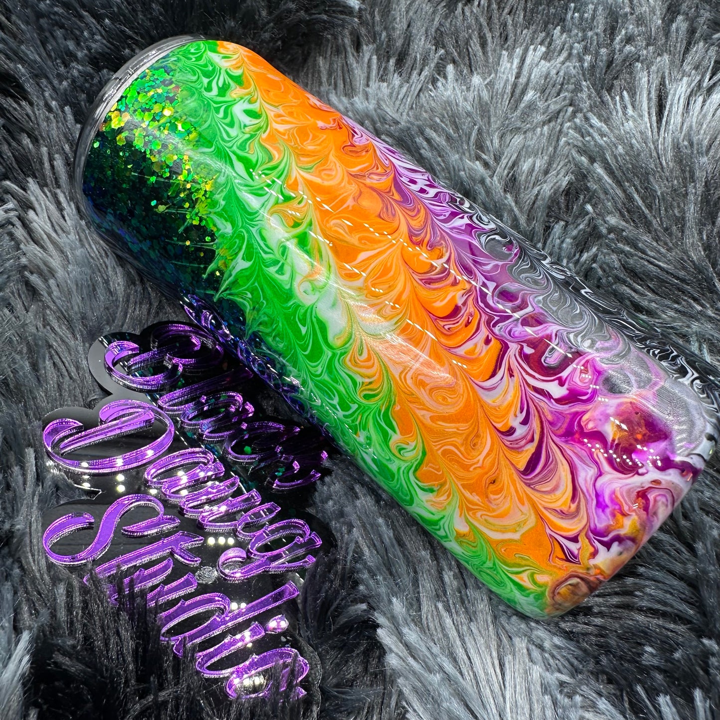 RTS 15oz Skinny Straight Tumbler | Chunky Color Shifting Glitter | Glow in the Dark Twisted Bougie Stinger | Just Waiting for Halloween decal