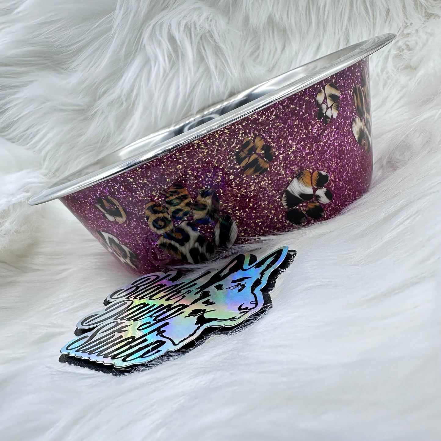 8-inch Dog Bowl - Color Shift Glitter and Animal Print Paw Prints - Epoxy Tumbler for Dogs