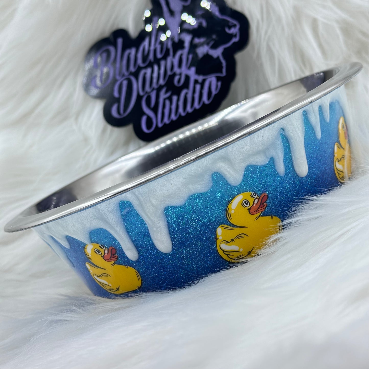 8-inch Dog Bowl Blue Ombré Glitter with Rubber Duck decals and 3D Drip - Epoxy Tumbler for Dogs