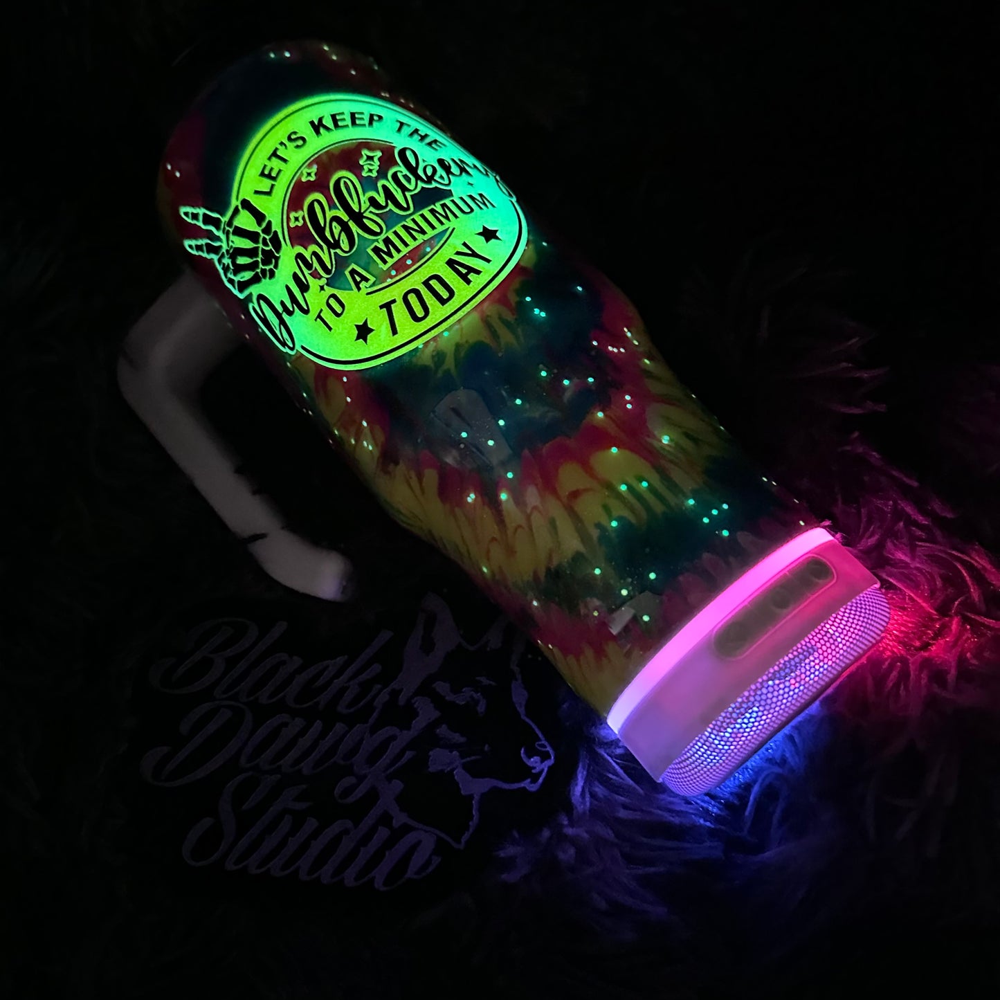 RTS 30oz Grippy Bluetooth Speaker Tumbler Neon Tie Dye | Let’s Keep The Dumbfuckery To A Minimum Today decal | Glow in the Dark