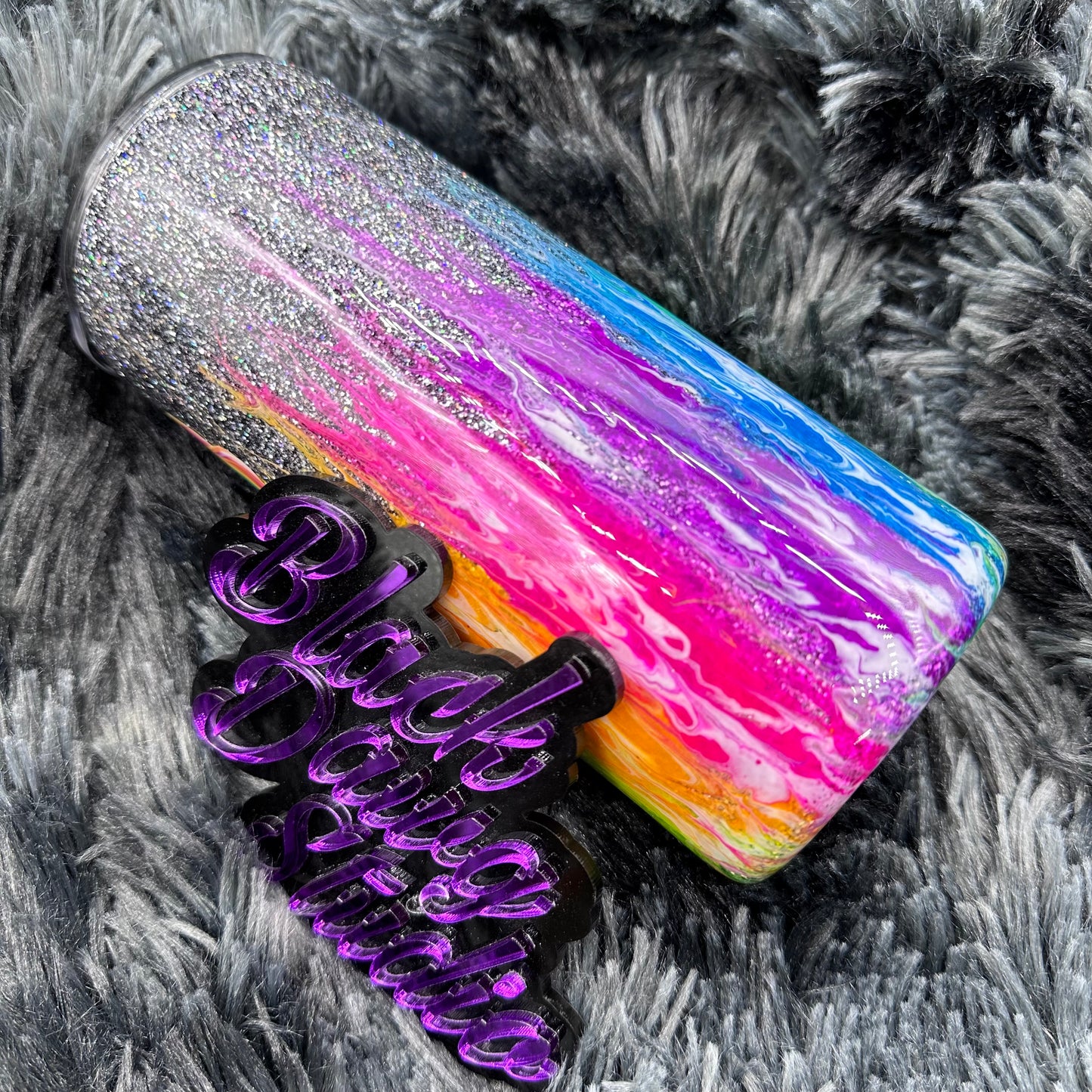 RTS 15oz Skinny Straight Tumbler Glitter Neon Flame Pull | Glow in the Dark | Sassy Unicorn decal