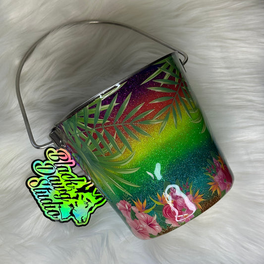 2qt Water Bucket Pail - Glitter Tropical Sunset Palm Trees Hibiscus- Epoxy Tumbler for Dogs