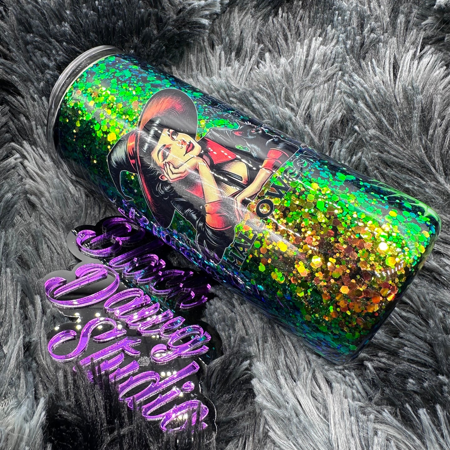 RTS 15oz Skinny Straight Tumbler | Chunky Color Shifting Glitter | Glow in the Dark Twisted Bougie Stinger | Just Waiting for Halloween decal