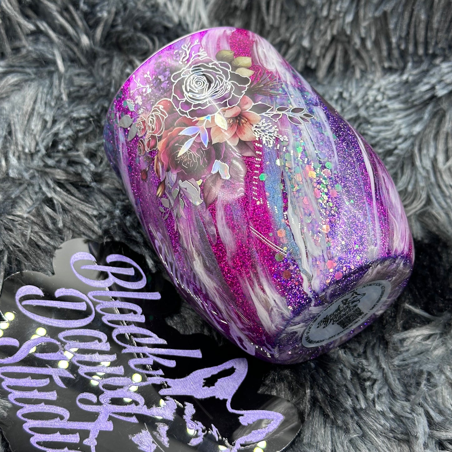RTS 12oz Wine Tumbler purple Glitter Milkyway | Holographic Floral decals