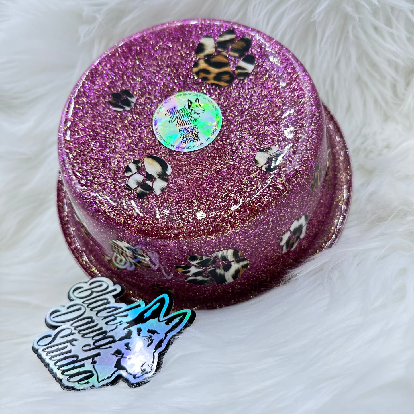 8-inch Dog Bowl - Color Shift Glitter and Animal Print Paw Prints - Epoxy Tumbler for Dogs