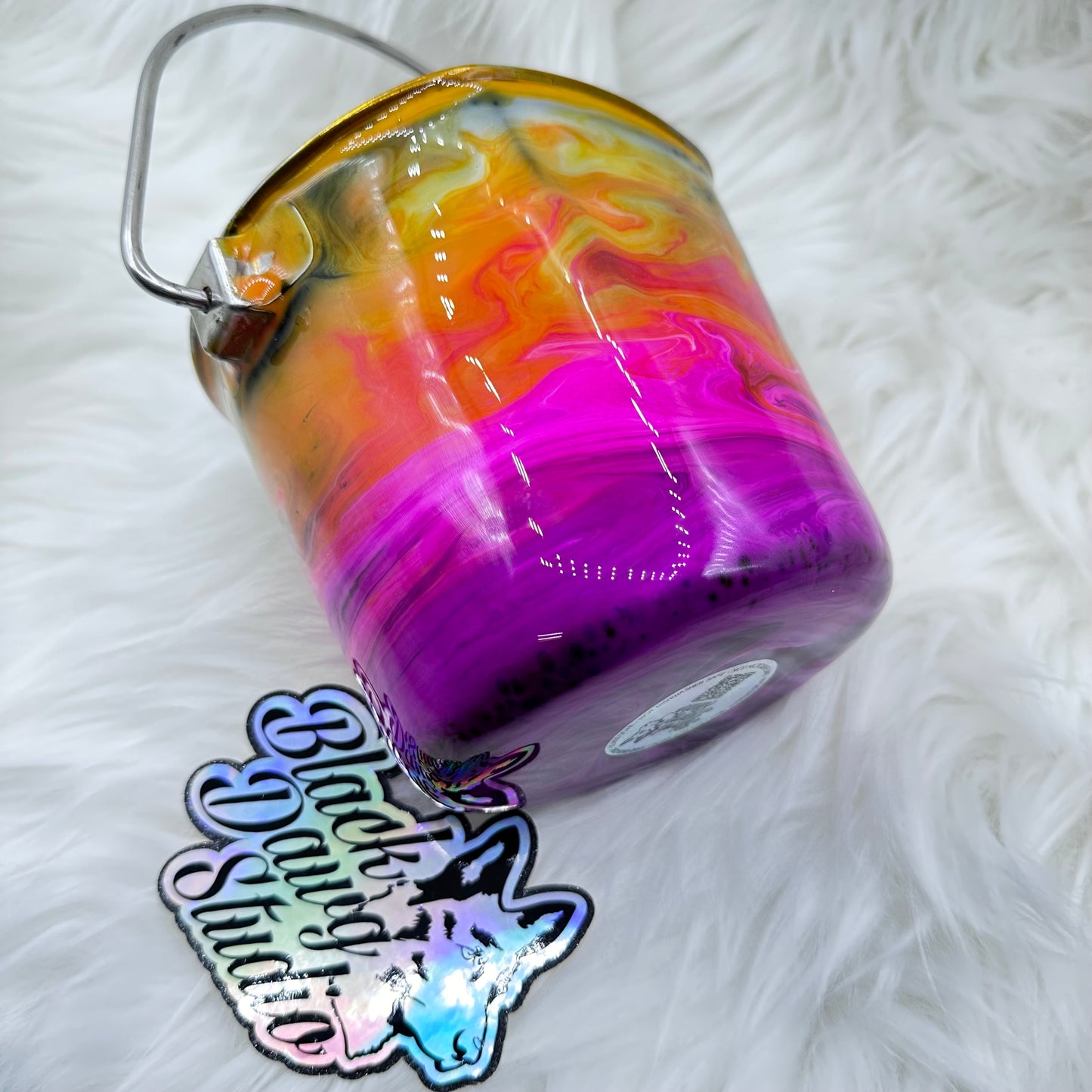 1qt Water Bucket Pail Dog Tumbler - Ombré Ink Swirls Orange/Pink/Purple - Epoxy Tumbler for Dogs