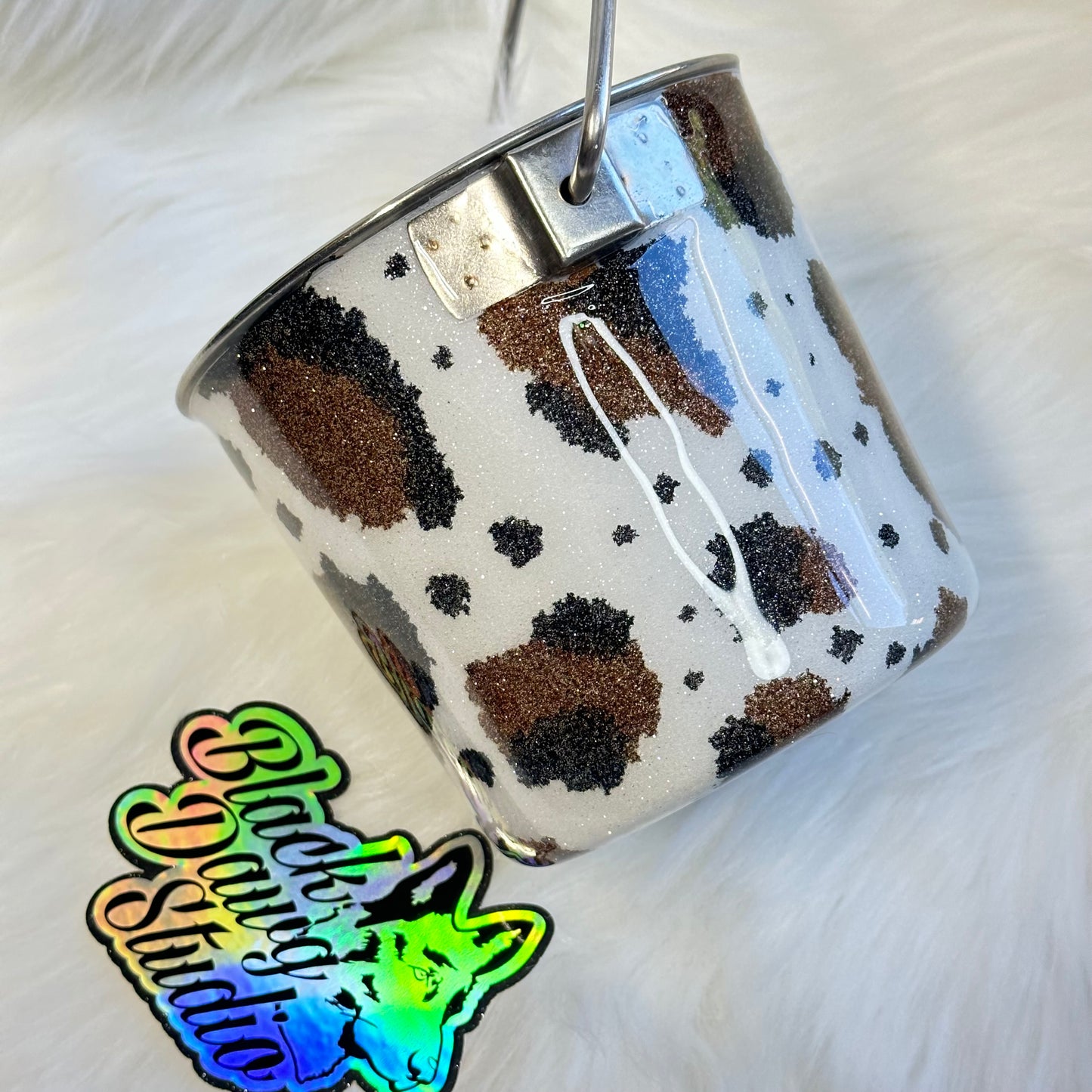 1qt Water Bucket Pail Dog Tumbler - Glitter Cowhide Cow Print - Epoxy Tumbler for Dogs