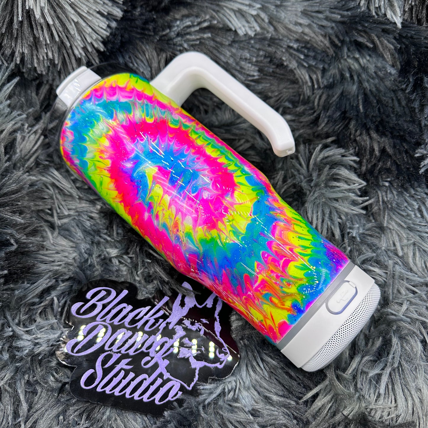 RTS 30oz Grippy Bluetooth Speaker Tumbler Neon Tie Dye | Let’s Keep The Dumbfuckery To A Minimum Today decal | Glow in the Dark