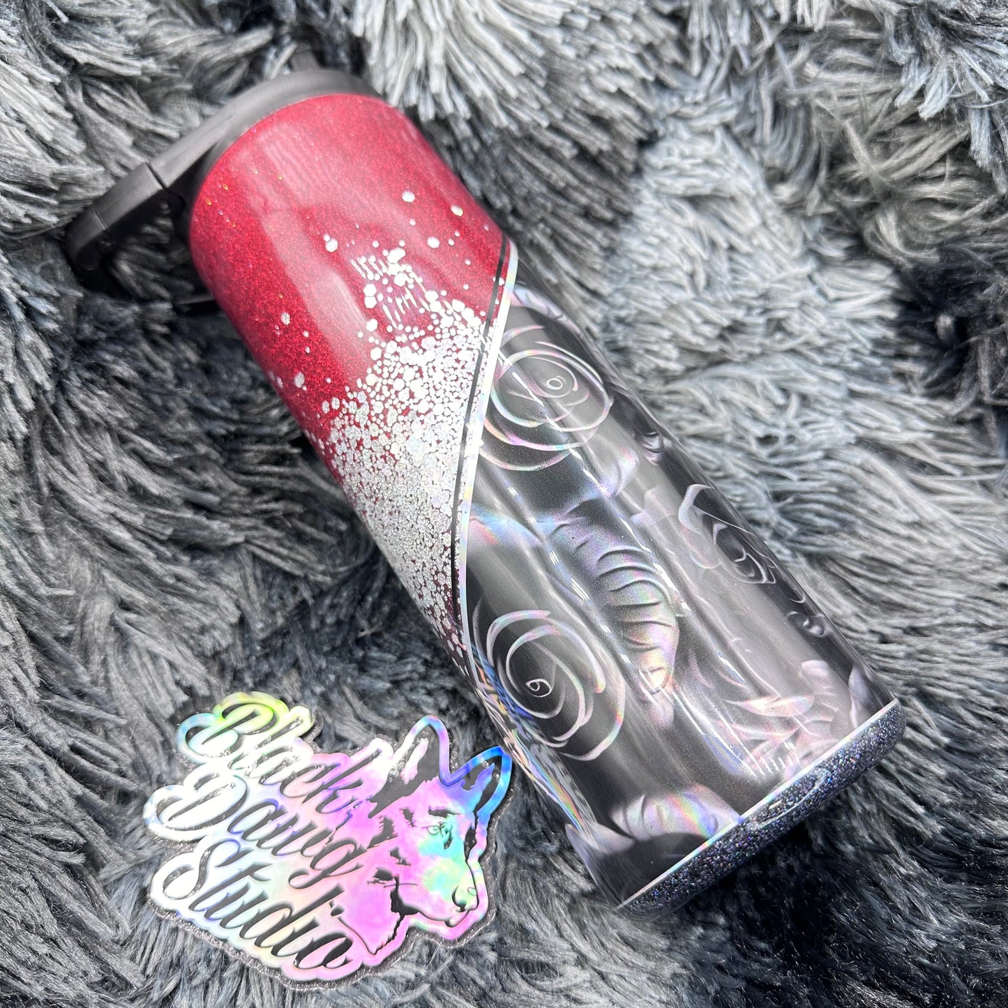 RTS 20oz Skinny Straight Duo Tumbler Holographic Black Roses with Red to Black Ombré and Silver Holographic Glitter Burst