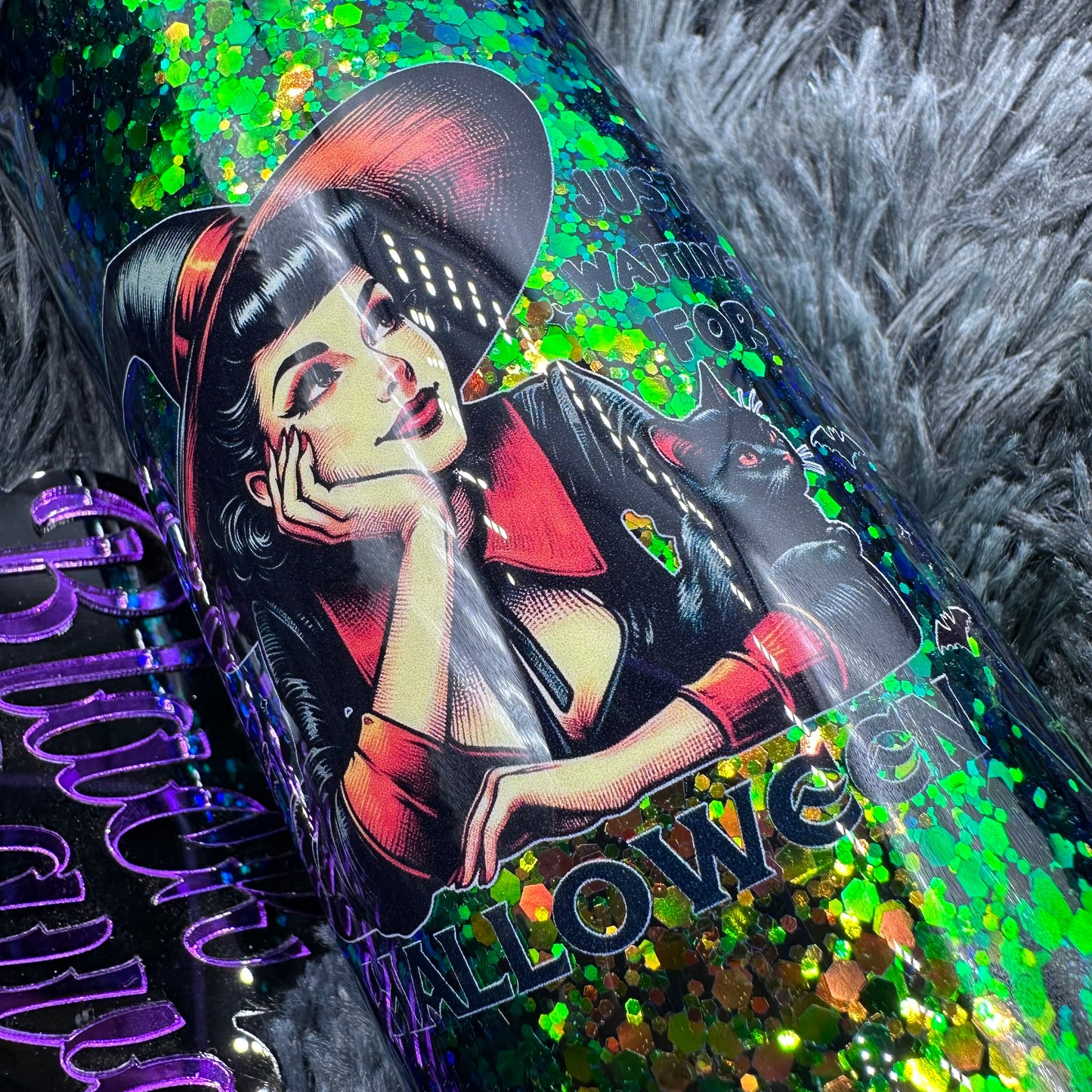 RTS 15oz Skinny Straight Tumbler | Chunky Color Shifting Glitter | Glow in the Dark Twisted Bougie Stinger | Just Waiting for Halloween decal