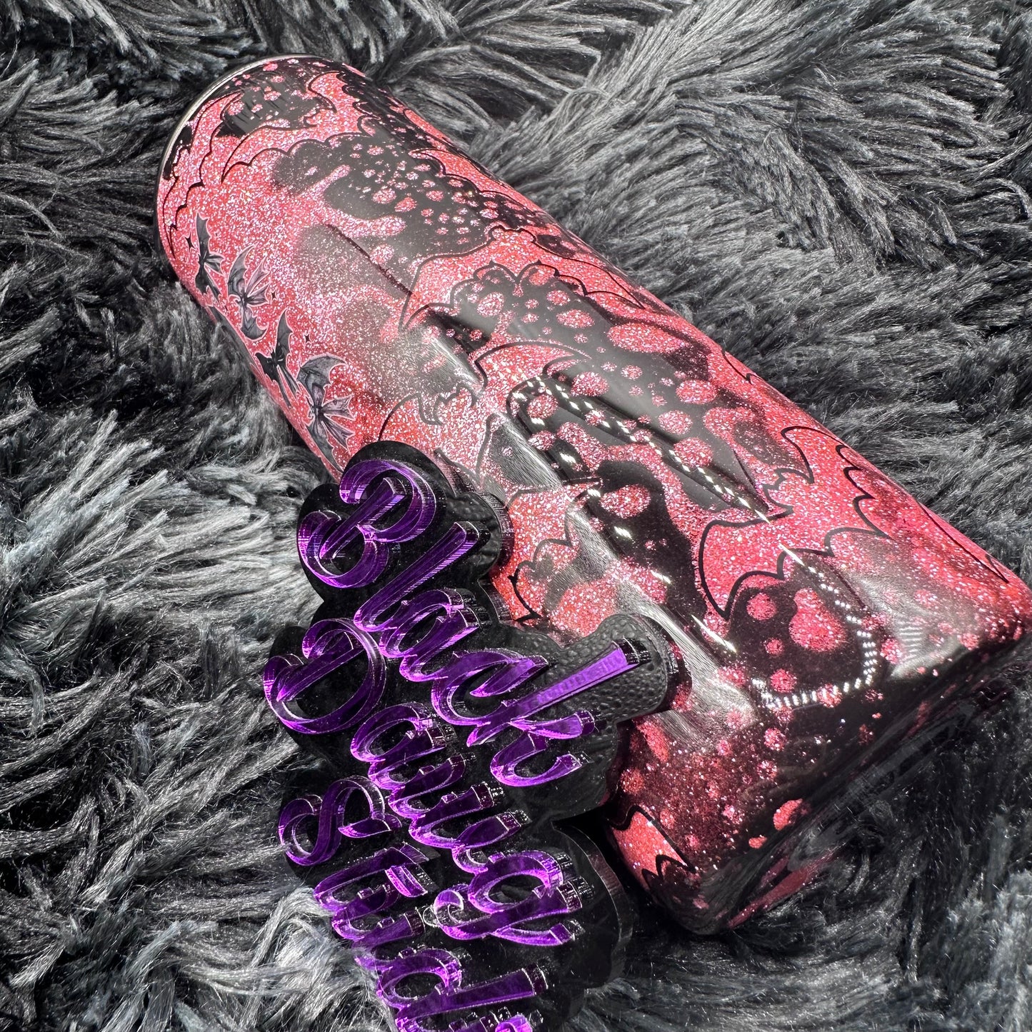 RTS 20oz Skinny Straight Tumbler Pink Glitter | Black Power Wash | Bats Peekaboo | Bat Shit Crazy decal