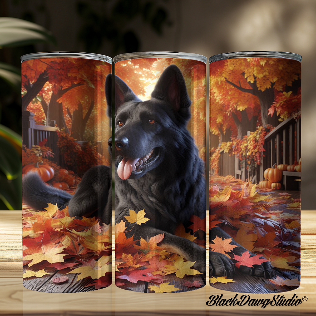 Autumn Leaves Black German Shepherd Designs | Made to Order | Printed Tumbler
