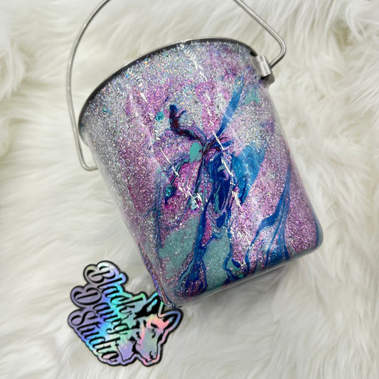 2qt Water Bucket Pail - Silver Holographic Glitter with Hydro Dip - Epoxy Tumbler for Dogs