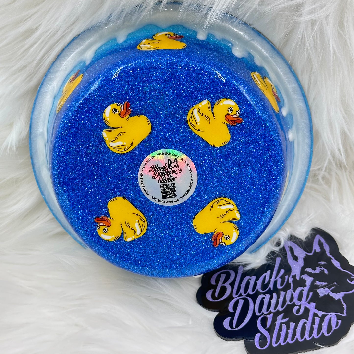 8-inch Dog Bowl Blue Ombré Glitter with Rubber Duck decals and 3D Drip - Epoxy Tumbler for Dogs