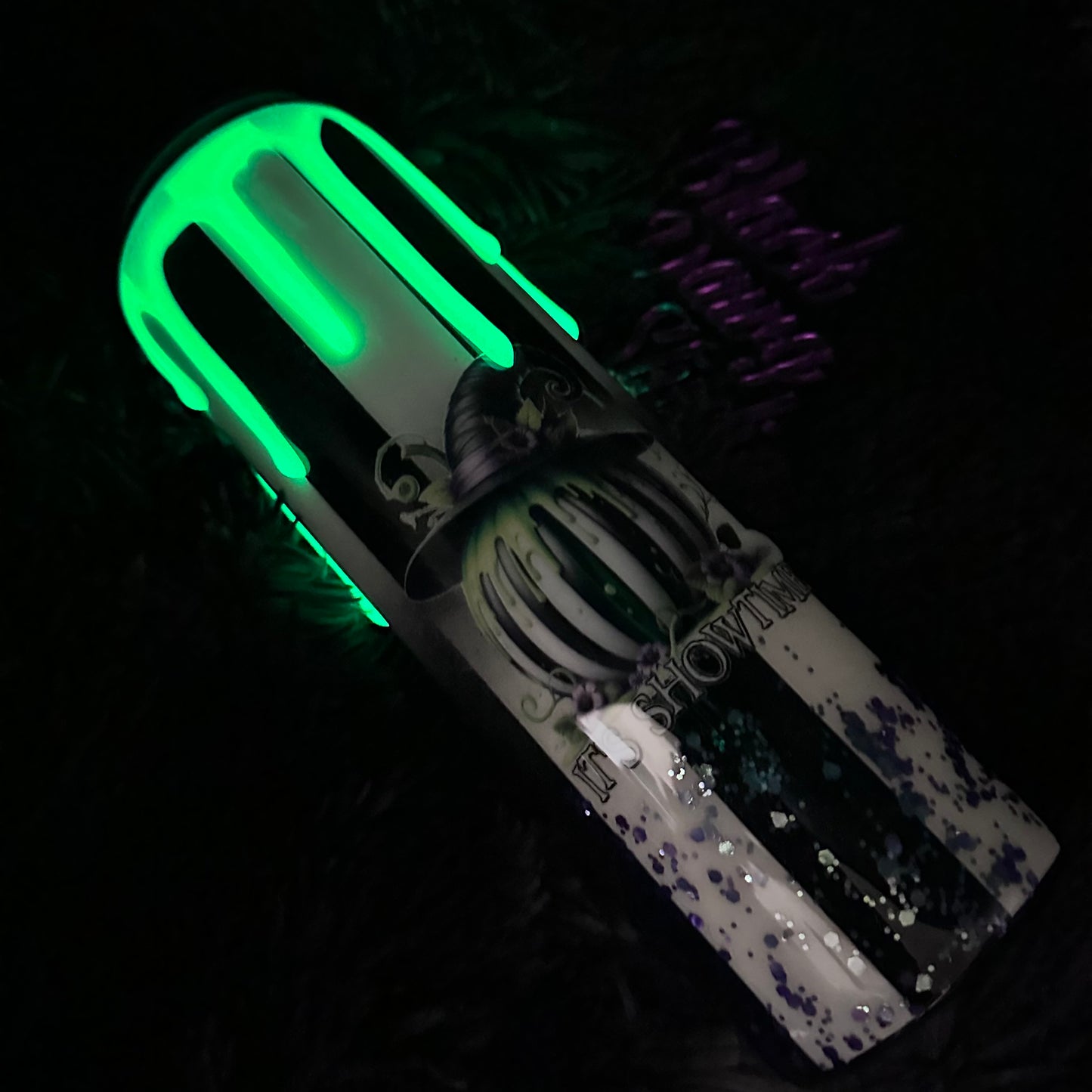 RTS 30oz Skinny Straight Tumbler Reverse Ombré Black & White | It’s Showtime Pumpkin decal | Glow in the Dark 3D Drip
