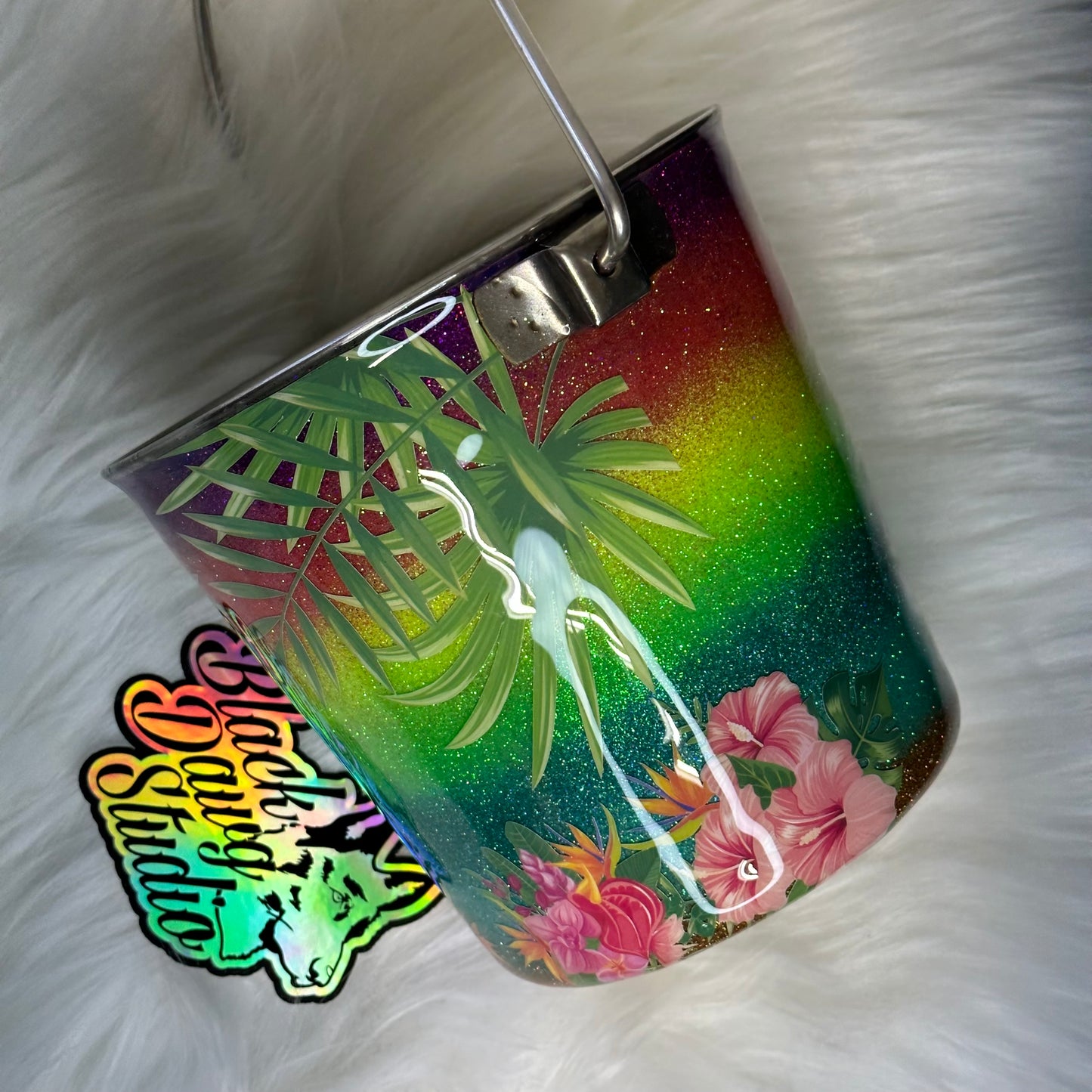 2qt Water Bucket Pail - Glitter Tropical Sunset Palm Trees Hibiscus- Epoxy Tumbler for Dogs