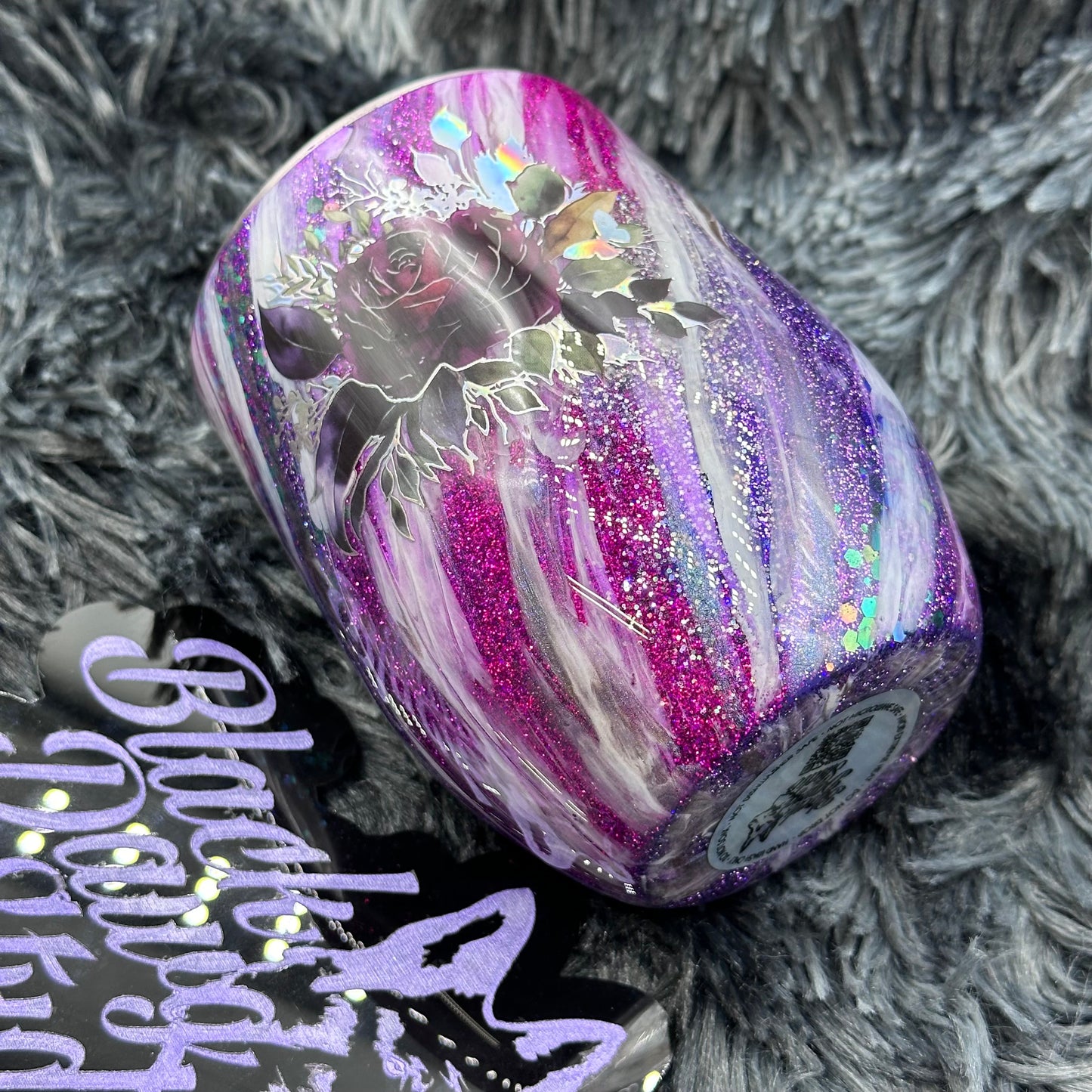 RTS 12oz Wine Tumbler purple Glitter Milkyway | Holographic Floral decals