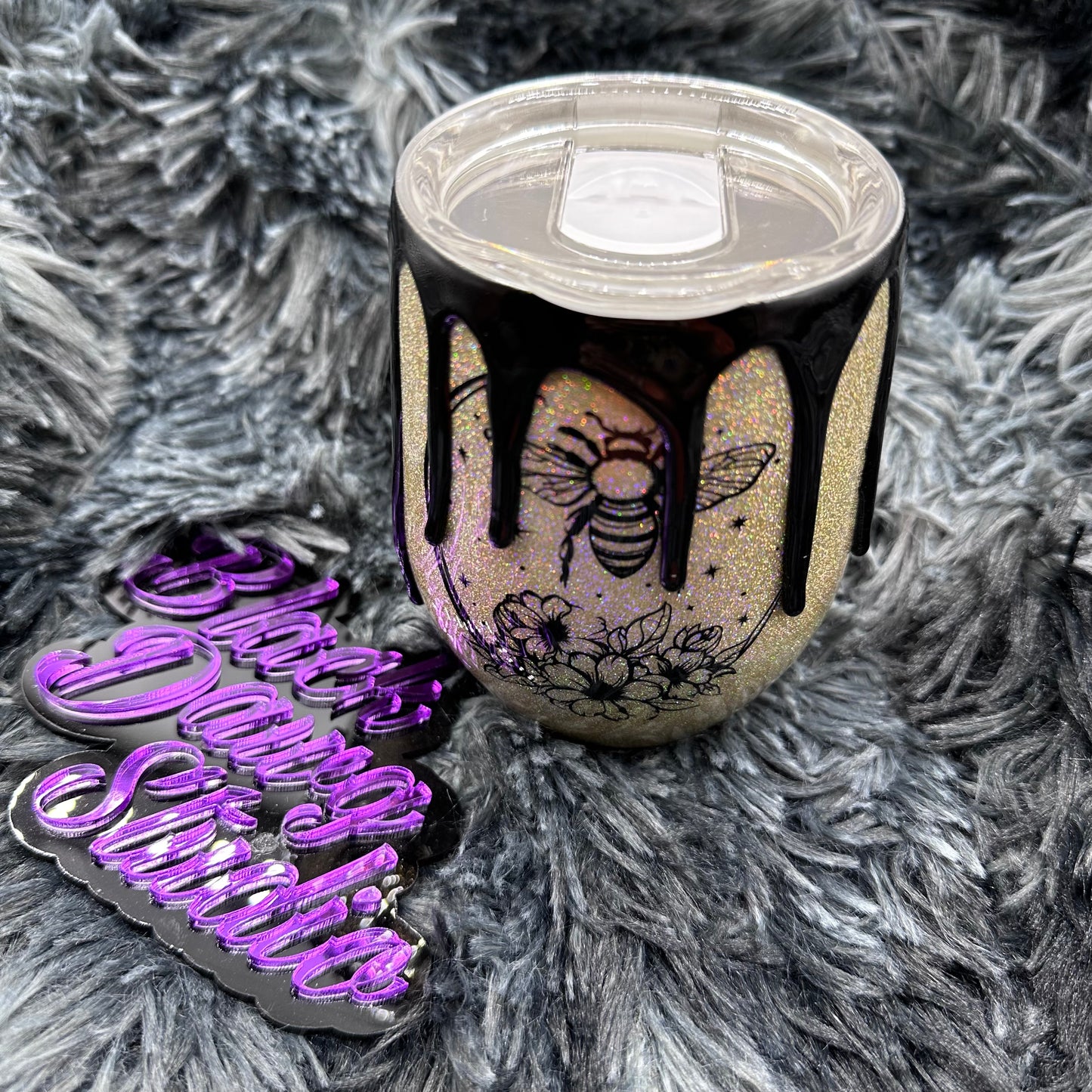 RTS 12oz Wine Tumbler Gold Holographic Glitter | Honeycomb Honey Bee Floral Moon decal | 3D Drip