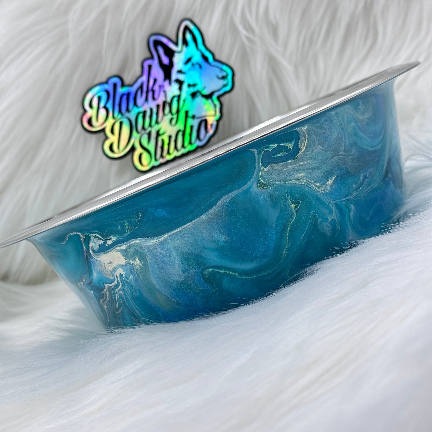 8-inch Dog Bowl Teal Ink and Mica Swirl - Epoxy Tumbler for Dogs
