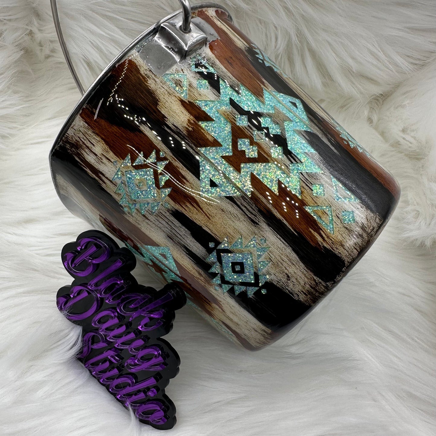 2qt Water Bucket Pail | Aztec Glitter Peekaboo with Hand Painted Rustic Texture | Epoxy Tumbler for Dogs