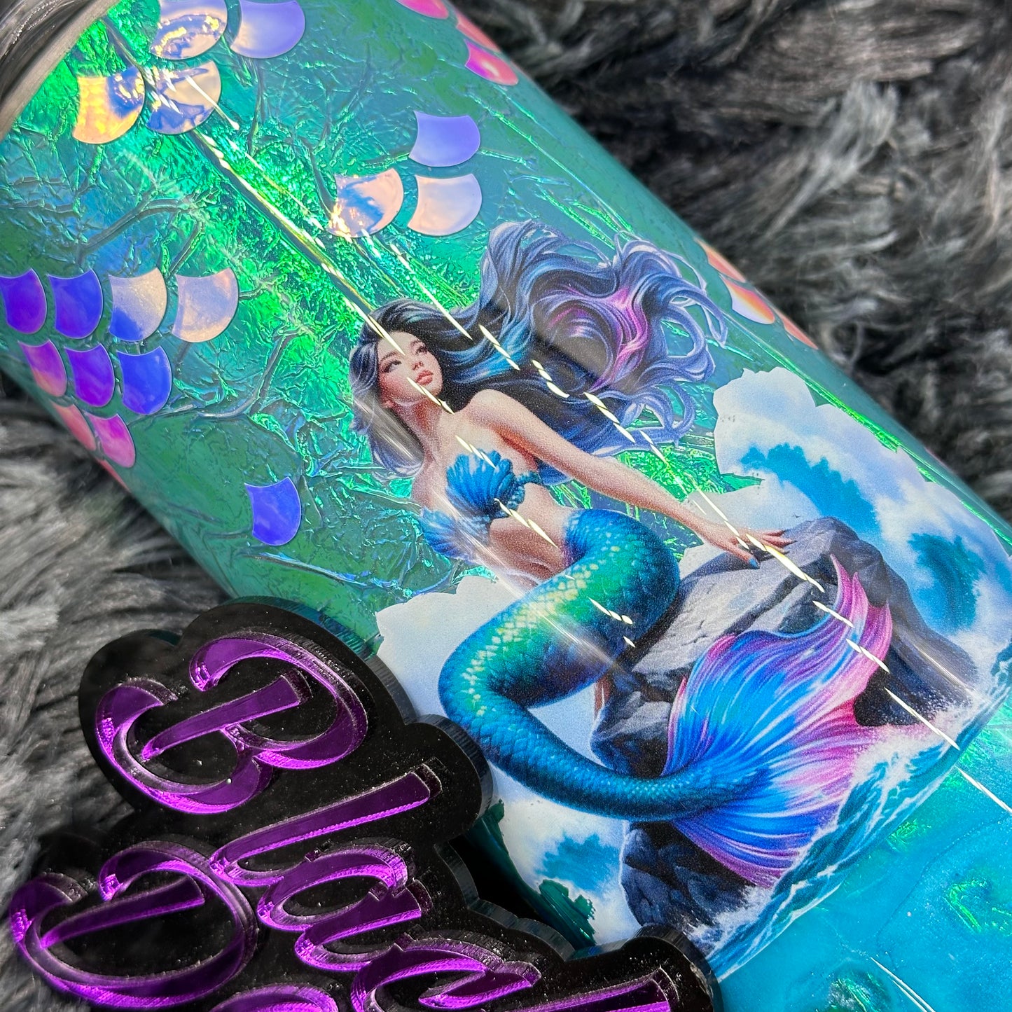 RTS 20oz Skinny Straight Tumbler Cellophane Iridescent | Glow in the Dark Ink Swirl Ocean | Mermaid decal with Opalescent Scales