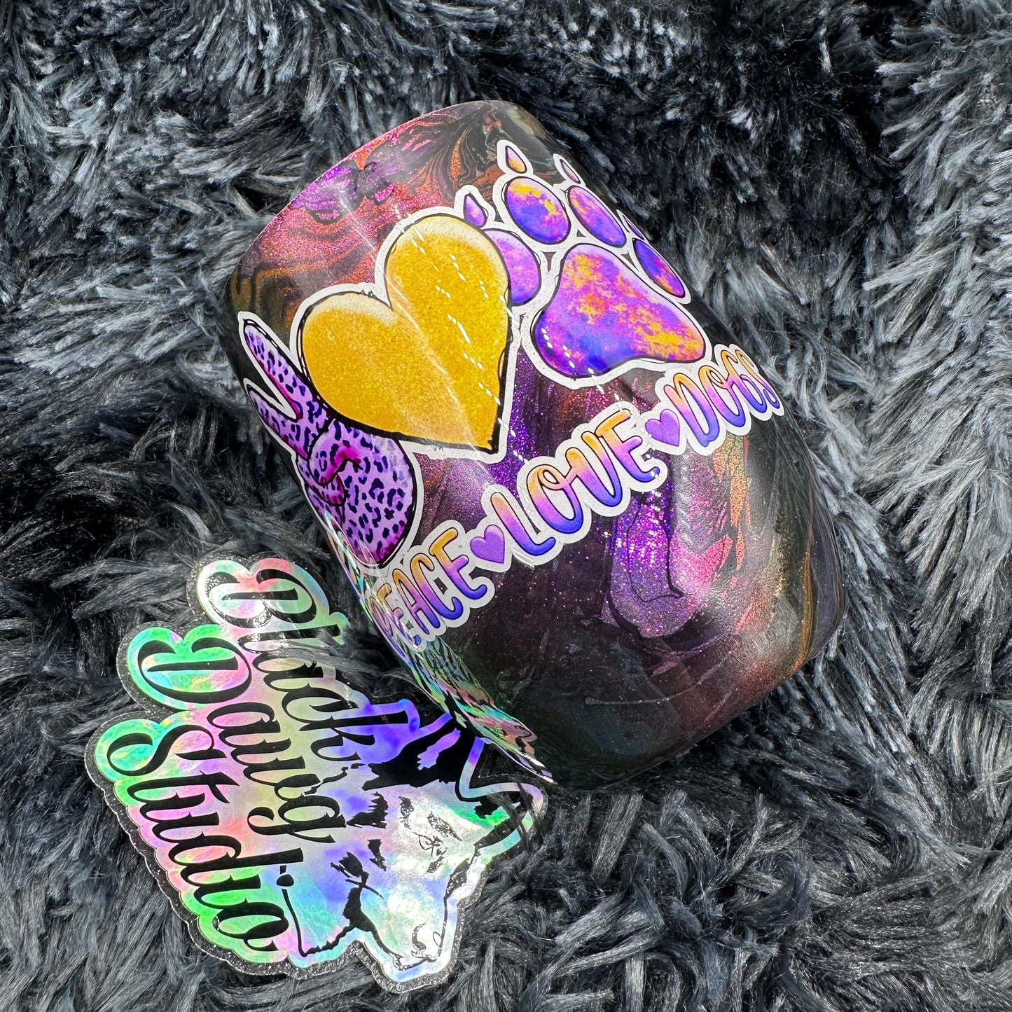 RTS 12oz Wine Tumbler Glitter with Hydro Dip | Peace Love Dogs decal