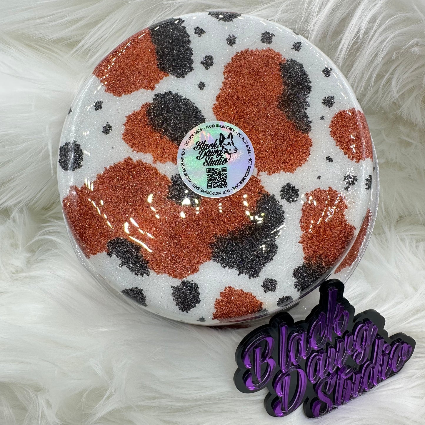8-inch Dog Bowl - Glitter Cow Hide Print Hand Painted - Epoxy Tumbler for Dogs