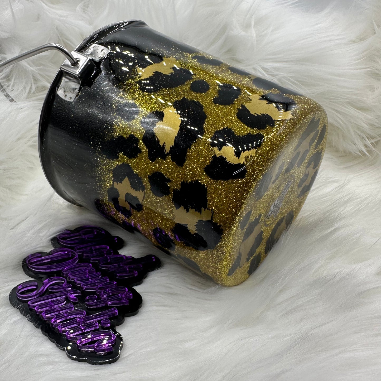 2qt Water Bucket Pail | Black to Gold Metallic Glitter Ombré with Leopard Print decals | Epoxy Tumbler for Dogs