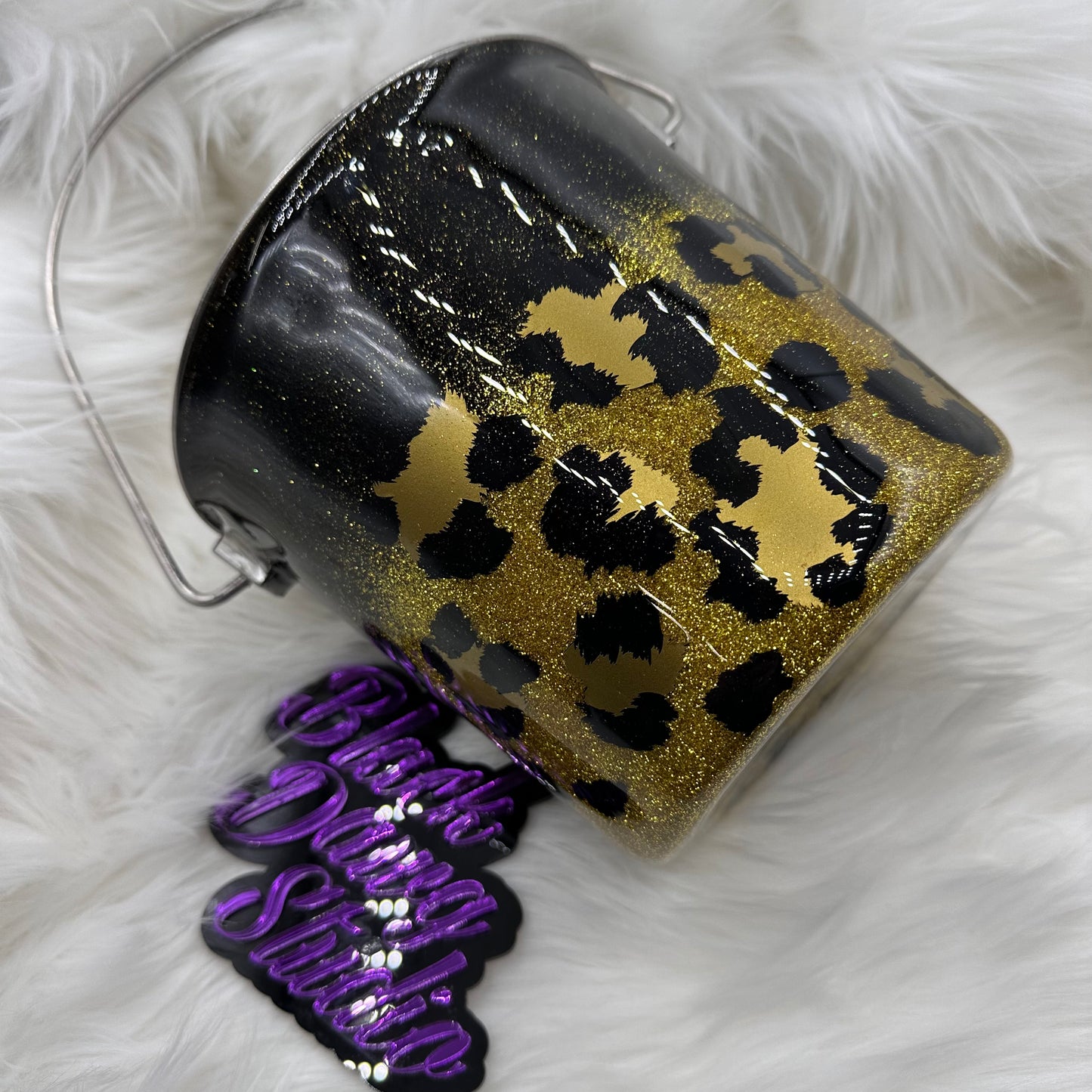 2qt Water Bucket Pail | Black to Gold Metallic Glitter Ombré with Leopard Print decals | Epoxy Tumbler for Dogs