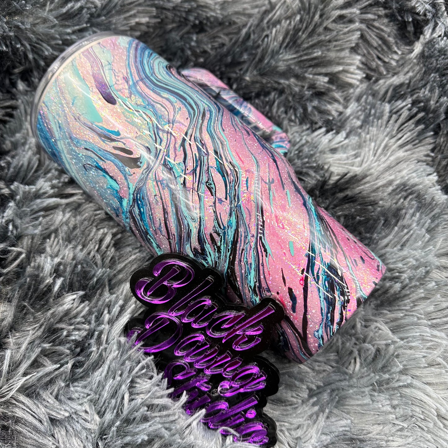 RTS 32oz Handled Tumbler | Crushed Diamonds Glitter with Purple Pink Teal Aqua Hydro Dip | My Dog and I Talk Shit About You decal