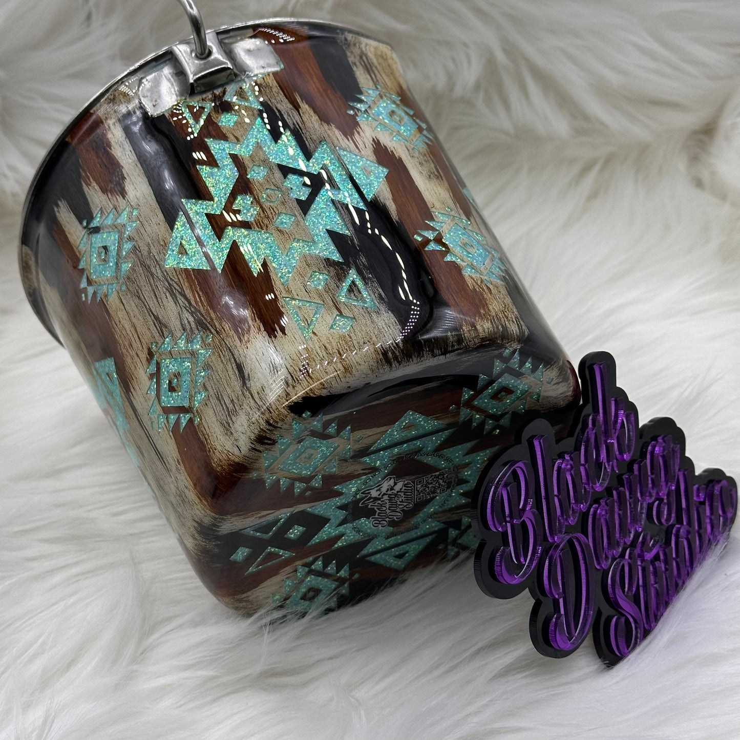 2qt Water Bucket Pail | Aztec Glitter Peekaboo with Hand Painted Rustic Texture | Epoxy Tumbler for Dogs