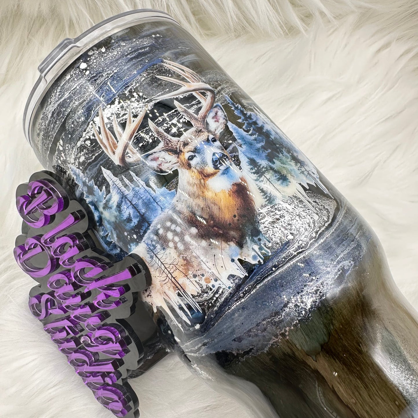 RTS 32oz Handled Tumbler | Gray Tone Wood Grain with Whisper Technique | Whitetail Deer decal