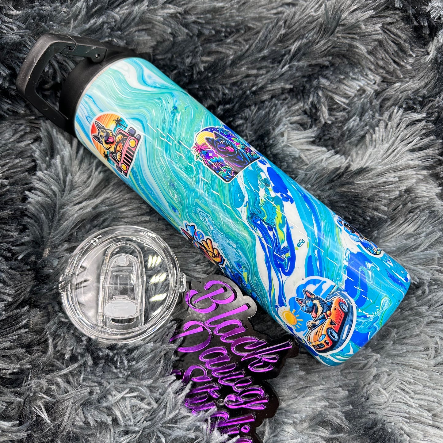 RTS 30oz Skinny Straight Duo Tumbler Hydro Dip in Blues and Greens | Assorted German Shepherd Caricature Stickers