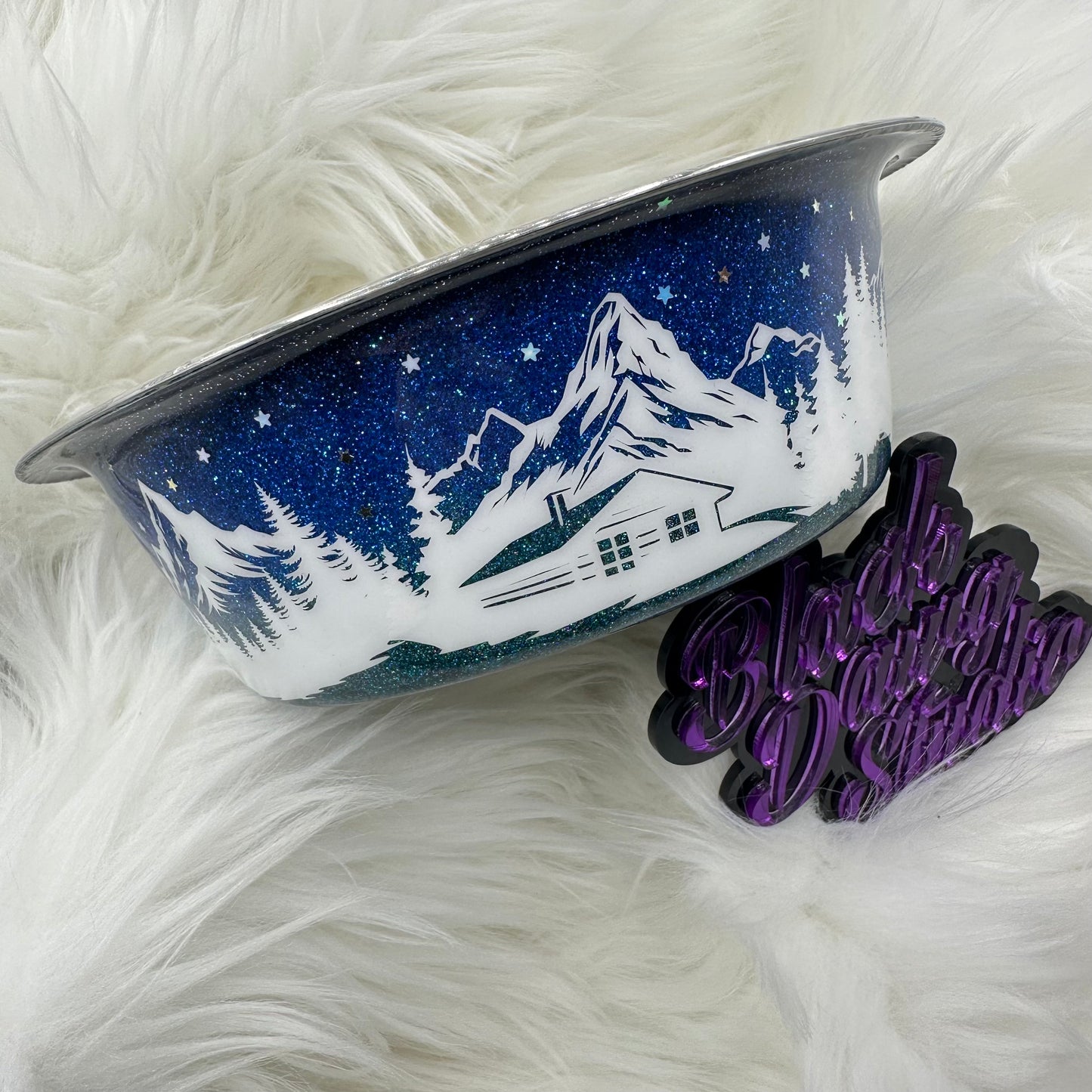 8-inch Dog Bowl - Glitter Night Sky Ombré with Stars | Mountain Landscape | Epoxy Tumbler for Dogs