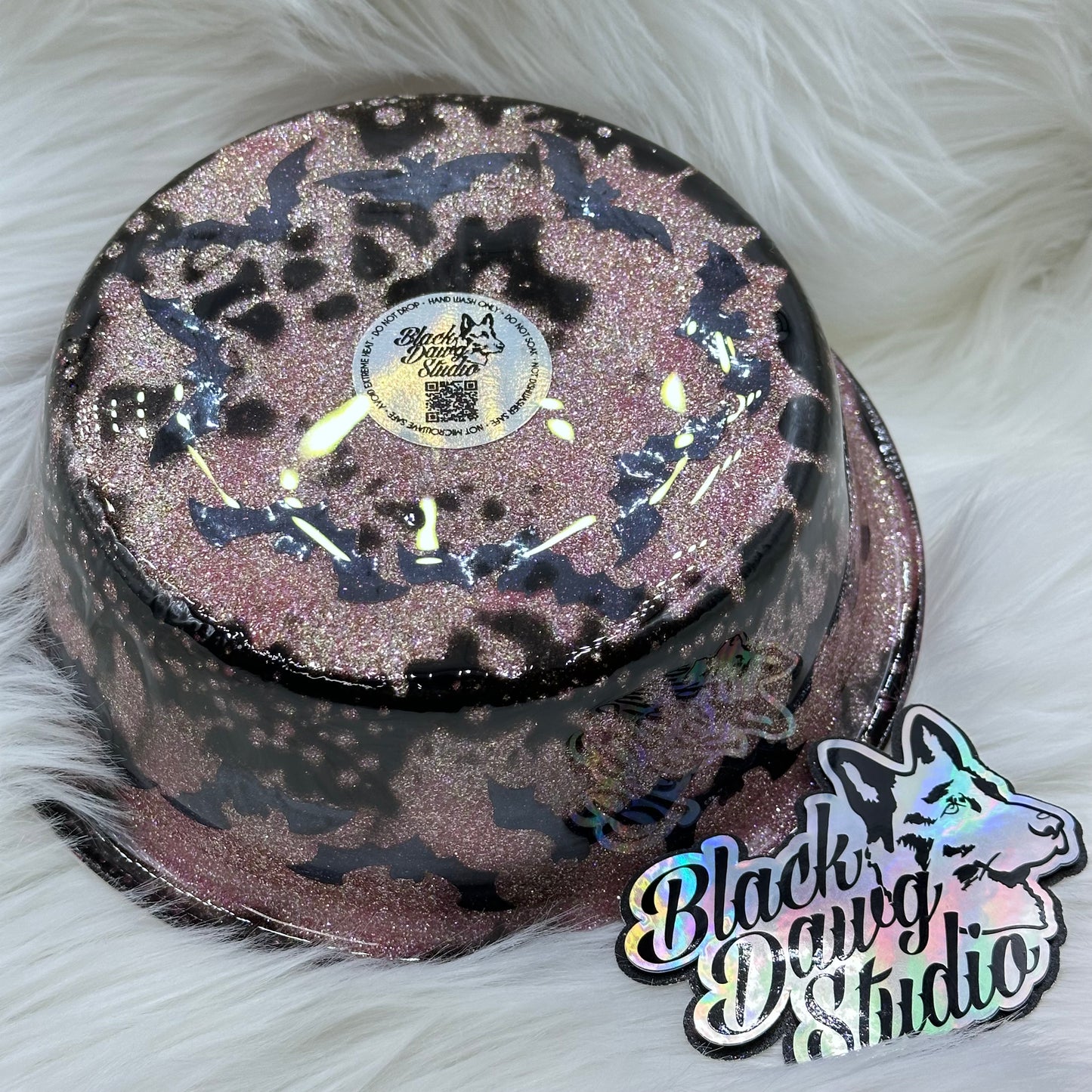 8-inch Dog Bowl - Pink Glitter Powerwash Bats - Bat Shit Crazy decal - Epoxy Tumbler for Dogs