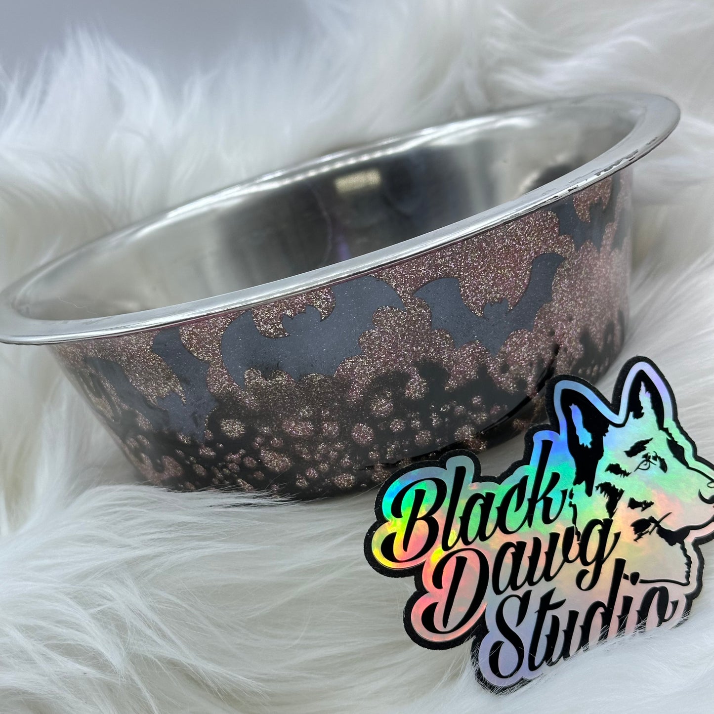 8-inch Dog Bowl - Pink Glitter Powerwash Bats - Bat Shit Crazy decal - Epoxy Tumbler for Dogs