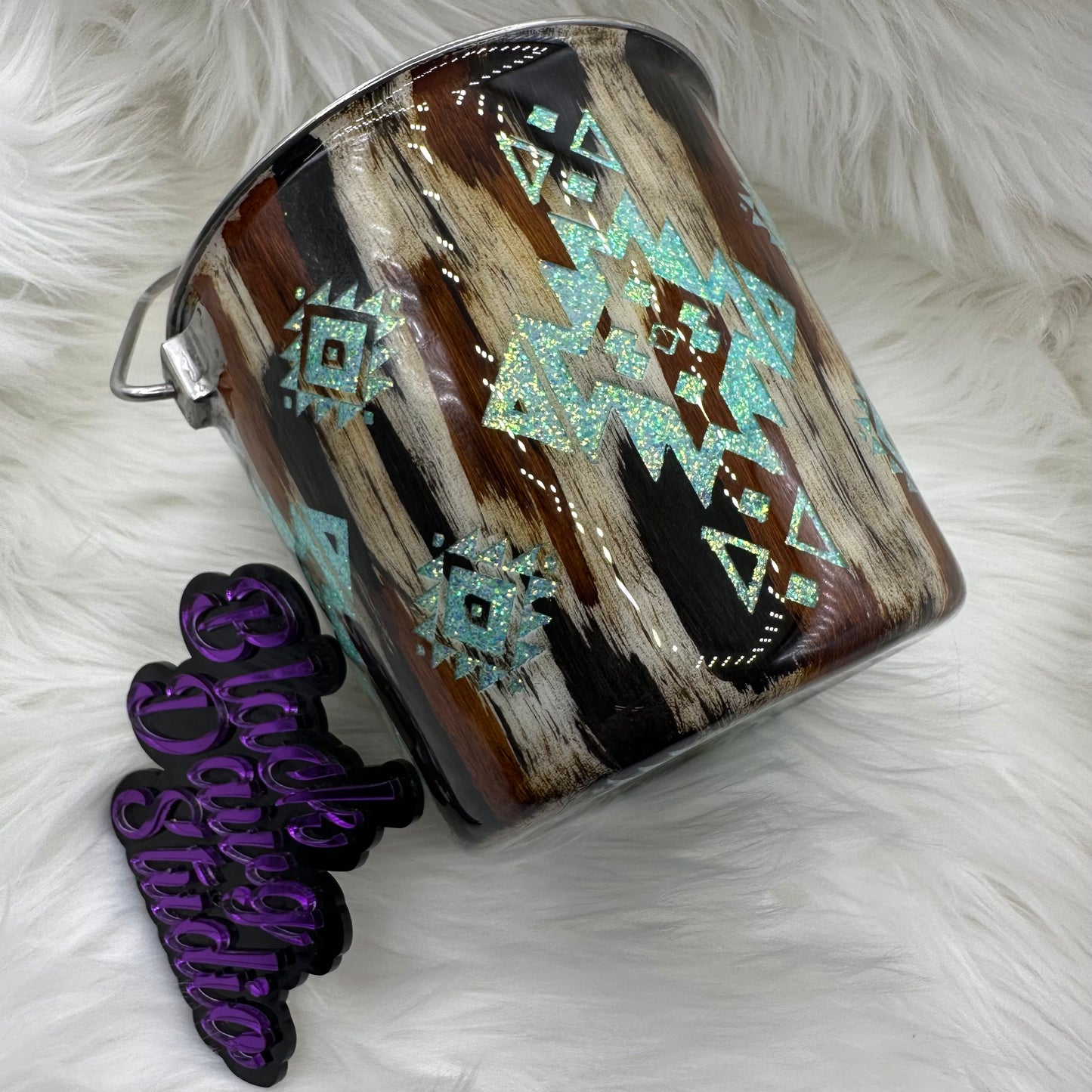 2qt Water Bucket Pail | Aztec Glitter Peekaboo with Hand Painted Rustic Texture | Epoxy Tumbler for Dogs
