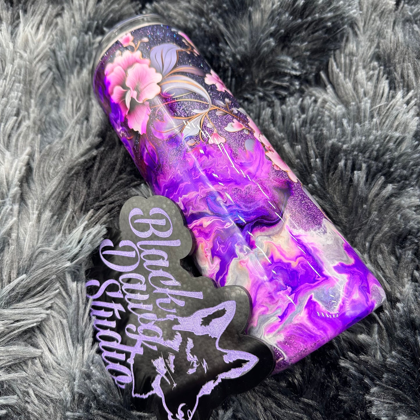 RTS 20oz Skinny Straight Tumbler | Purple Glitter Ombré | Purple Floral Wrap | Color Shifting Ink Swirl