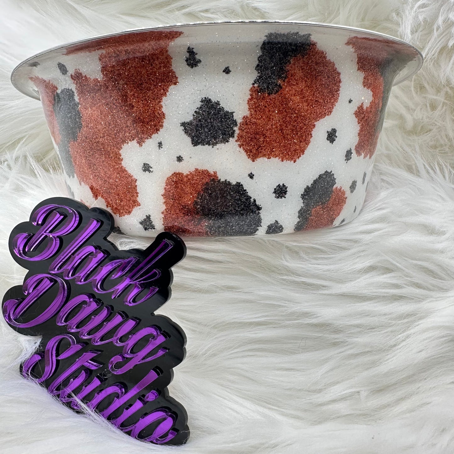 8-inch Dog Bowl - Glitter Cow Hide Print Hand Painted - Epoxy Tumbler for Dogs